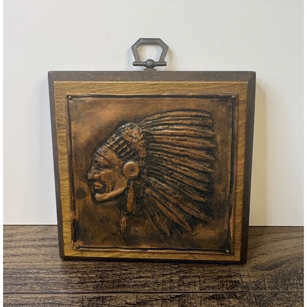 Vintage Embossed Copper Metal 5" Native American Indian Chief Head Wood Plaque
